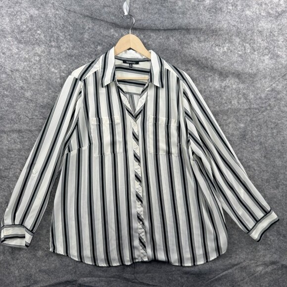 Relativity Shirt Womens Plus 2X Black White Striped Button Flowy Roll Tab Blouse - Picture 1 of 9